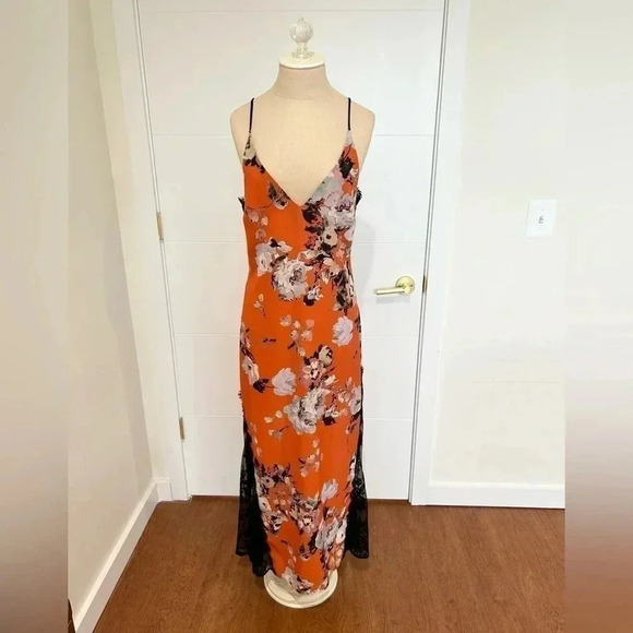 ABS Allen Schwartz Orange Floral Printed Slip Gown with Contrast Lace. Size 8. - Picture 5 of 13